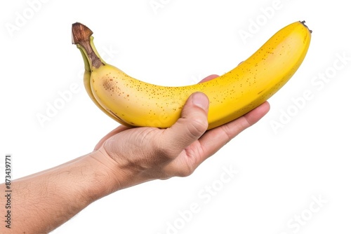 Tropical Delight: Hand Holding a Banana Against a White Background - A Clean and Minimalist Image of Fresh and Nutritious Fruit.