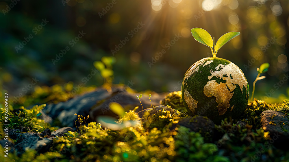 Earth Globe made of gold , surrounded green with growing sprouts on the mossy ground in a spring forest, concept for an environment protection day.
Earth Globe made of gold , surrounded green with growing sprouts on the mossy ground in a spring forest, concept for an environment protection day.