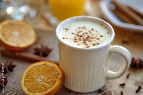 An enticing cup of cappuccino and a glass of orange juice are seen up close on the table.