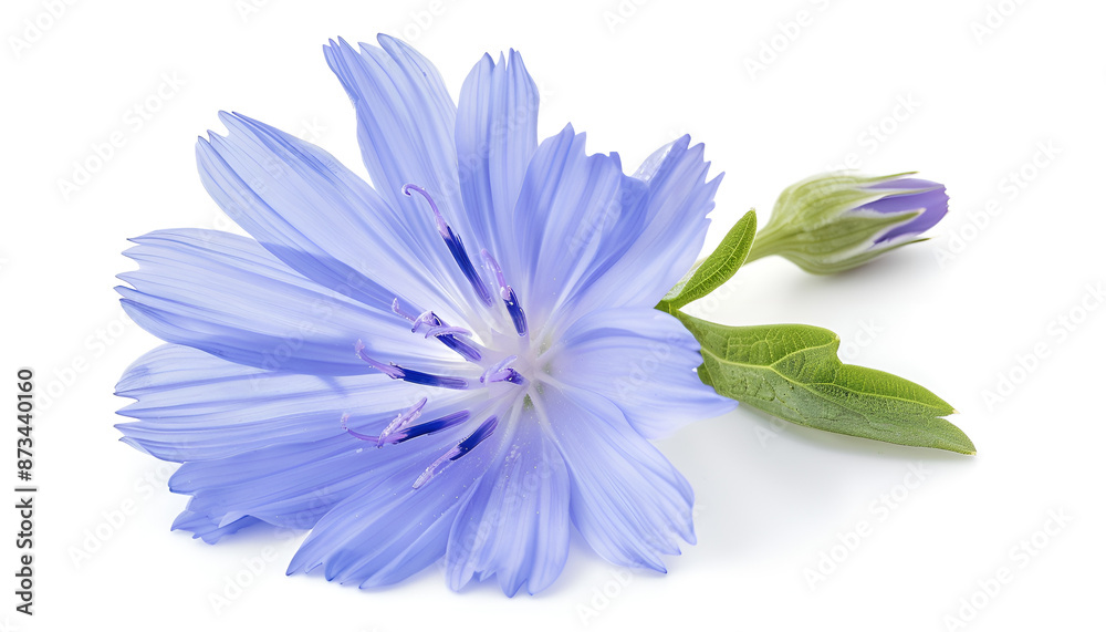 Obraz premium Chicory flower with leaf isolated on white background macro