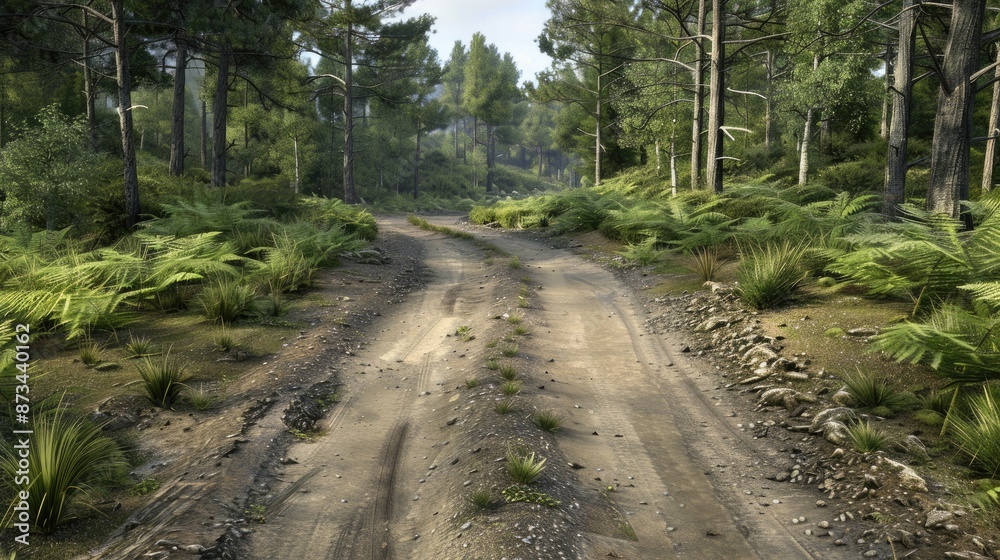 Fototapeta premium A dirt road winds through a lush green mountain valley, with snow-capped peaks in the distance