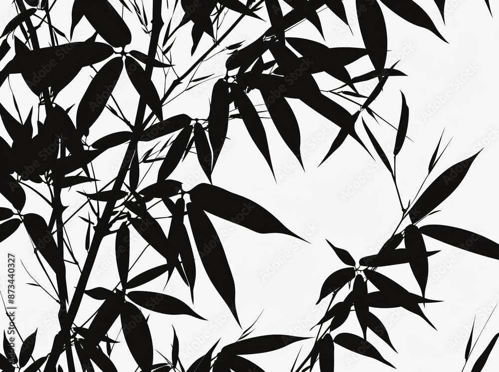 Bamboo leaves, vector illustration style, black and white silhouette on a white background, high resolution, high quality, high detail with simple lines and minimalist details. A close-up of bamboo sh Bamboo leaves, vector illustration style, black and white silhouette on a white background, high resolution, high quality, high detail with simple lines and minimalist details. A close-up of bamboo sh