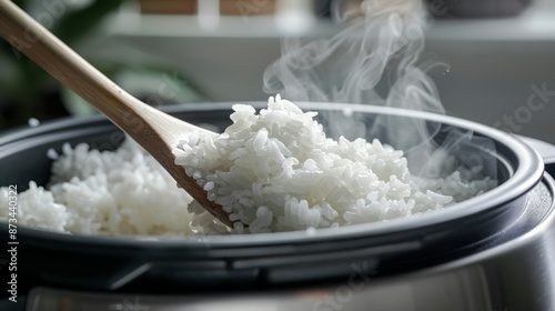 The lid of a multifunctional rice cooker equipped with additional steaming and slowcooking options accompanied by a versatile rice paddle. photo