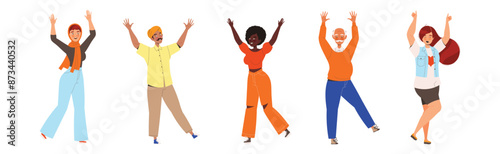 Happy and Rejoicing People Character Cheering Raising Hands Up Vector Illustration Set
