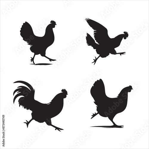 silhouettes of chicken running isolated on white background 