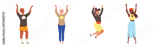 Happy and Rejoicing People Character Cheering Raising Hands Up Vector Illustration Set