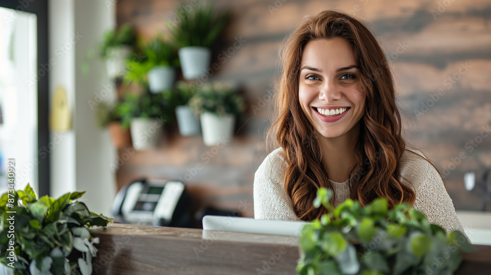 Smiling woman at reception desk in a green plant-filled office
Smiling woman at reception desk in a green plant-filled office