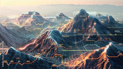 A surreal 3D landscape where mountain ranges are marked with glowing data grids and flowing lines illustrating advanced data visualization. photo