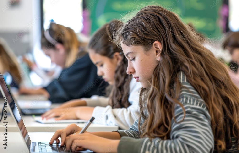 Group of young students focused on schoolwork in a modern classroom setting Group of young students focused on schoolwork in a modern classroom setting