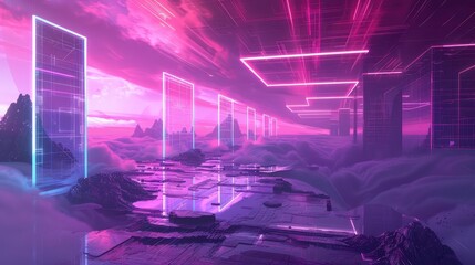 Papier peint photo Prune A surreal cyberpunk landscape with distorted digital horizons and overlapping neon holograms, creating an immersive virtual reality environment.  © Muhammad