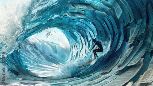 Fototapeta Naklejka Na Ścianę i Meble -  A surreal depiction of a wave crafted from legal documents and contracts, with a surfer navigating the wave, representing legal expertise in business.