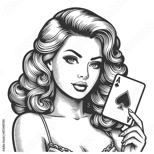 pin-up girl displaying an Ace of Spades card, symbolizing luck and strategy sketch engraving generative ai fictional character vector illustration. Scratch board imitation. Black and white image.