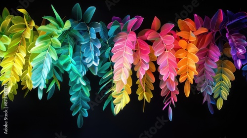 A surreal display of cascading tropical leaves in fluorescent neon colors, arranged artistically against a stark black background for maximum contrast.
