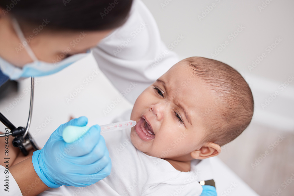 Baby, doctor and medication in hospital, syringe and sickness for healthcare for newborn. Pediatrician, clinic and examination for boy child, infection and female physician person for medical help Baby, doctor and medication in hospital, syringe and sickness for healthcare for newborn. Pediatrician, clinic and examination for boy child, infection and female physician person for medical help