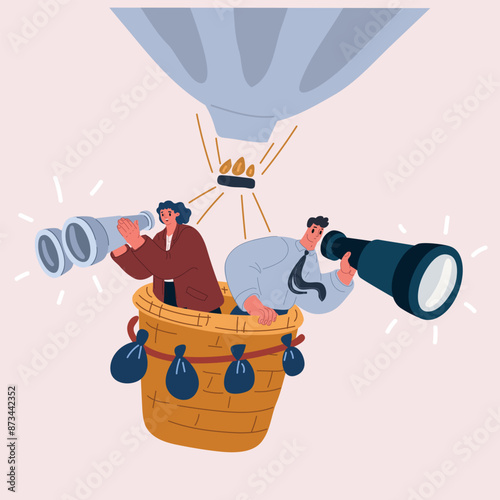 Carton vector illustration of People hiring air, balloon. Happy smiling woman and man riding on aerostat and viewing something or somebody birds-eye flat style concept. Searching for employee for busi