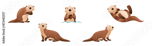 Sea Otter as Marine Mammal and Aquatic Creature with Brown Coat and Long Tail Vector Set