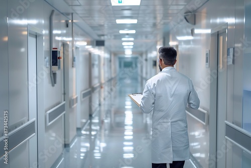 Bright, modern hospital corridor with doctor in white lab coat, holding clipboard, clean professional setting