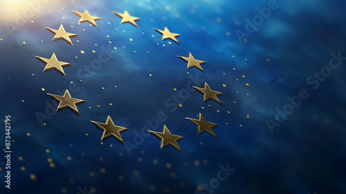 European Union Flag with Golden Stars on Blue Sky Background
