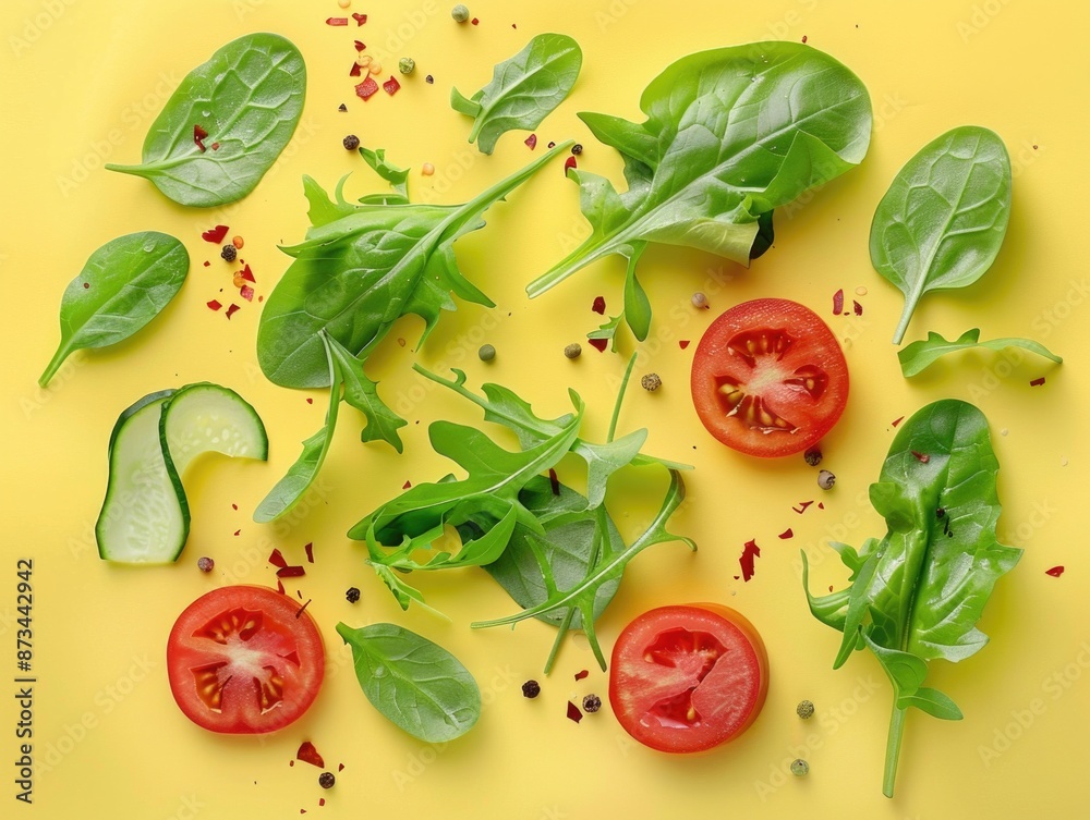 A yellow background with a variety of vegetables including tomatoes, cucumbers, and spinach. The vegetables are arranged in a way that they look like they are on a plate A yellow background with a variety of vegetables including tomatoes, cucumbers, and spinach. The vegetables are arranged in a way that they look like they are on a plate