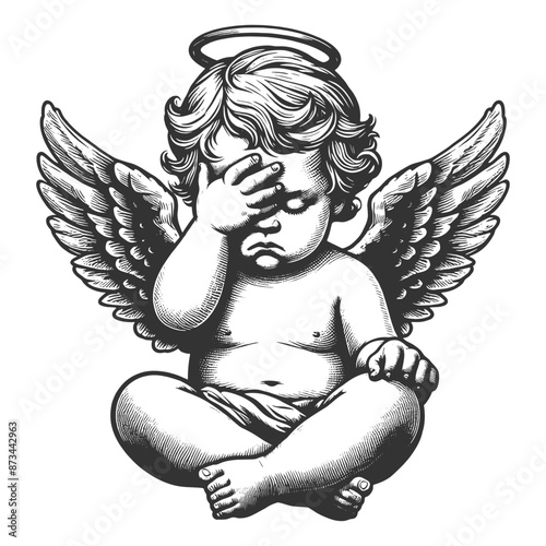 cherub angel with a halo, sitting and facepalming, frustration or disappointment sketch engraving generative ai fictional character vector illustration. Scratch board imitation. Black and white image.