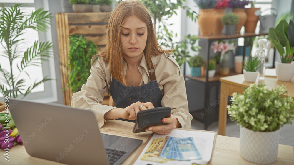 Young woman counts hungarian forints using calculator at indoor plant-filled room Young woman counts hungarian forints using calculator at indoor plant-filled room