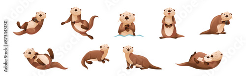 Sea Otter as Marine Mammal and Aquatic Creature with Brown Coat and Long Tail Vector Set