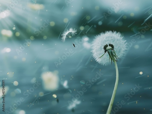 A dandelion is blowing in the wind, with its seeds scattered in the air. Concept of freedom and spontaneity, as the dandelion's seeds are carried away by the wind