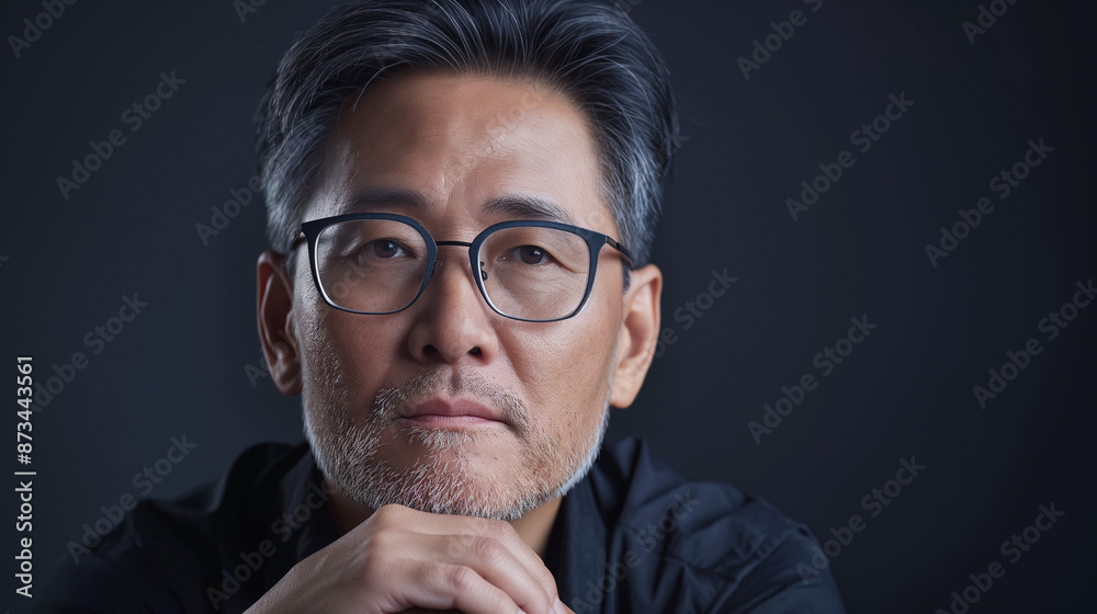 Thoughtful mature asian man with glasses against dark background
Thoughtful mature asian man with glasses against dark background