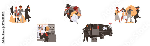 Special Services Spying and Monitoring People with Man in Black Hat Vector Set