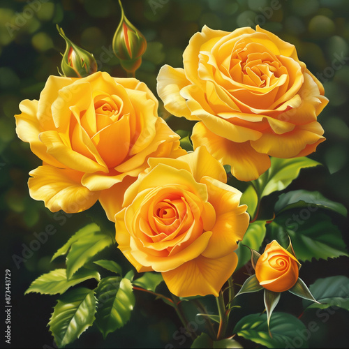 Beautiful yellow roses in full bloom with green leaves

