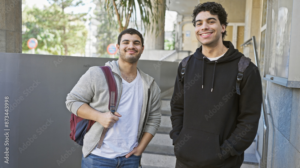 Two hispanic men smiling together on an urban street, embodying friendship and casual style in the city. Two hispanic men smiling together on an urban street, embodying friendship and casual style in the city.