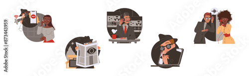 Special Services Spying and Monitoring People with Man in Black Hat Vector Set
