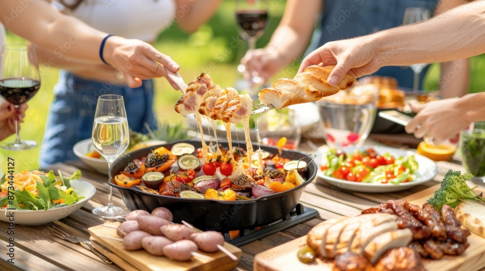 Obraz premium A group of friends enjoy a meal outdoors, with grilled vegetables and cheese being served with bread