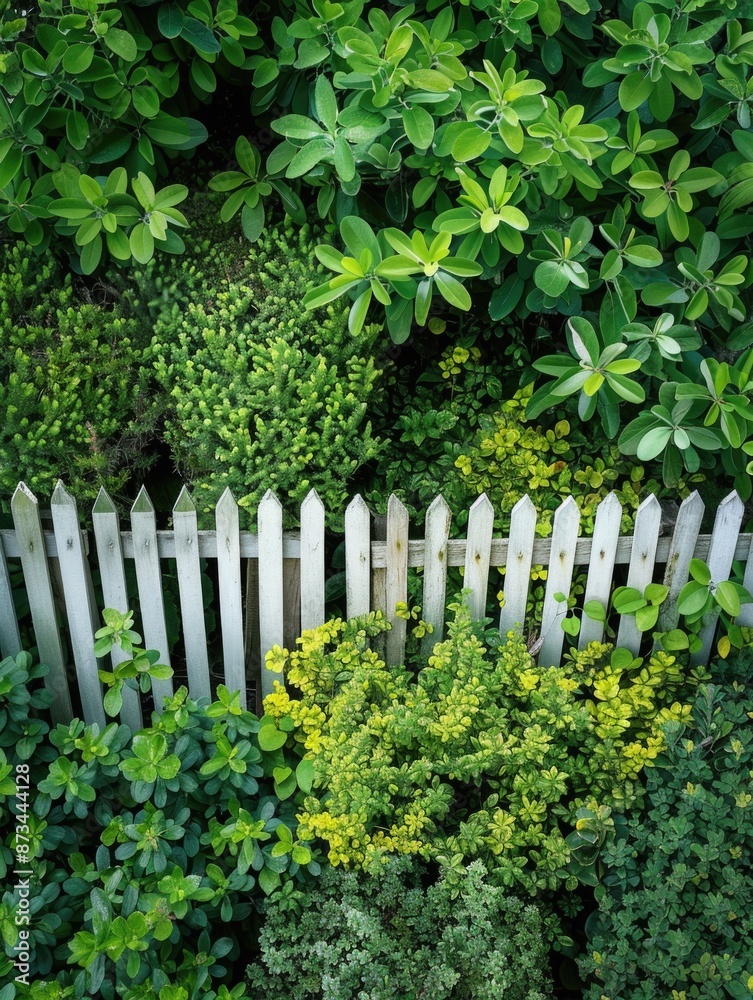 A white picket fence is surrounded by green bushes and plants. The fence is tall and has a few small slats. The bushes are lush and green, and the plants are growing in various directions A white picket fence is surrounded by green bushes and plants. The fence is tall and has a few small slats. The bushes are lush and green, and the plants are growing in various directions
