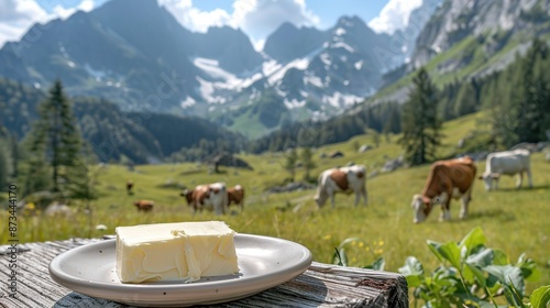 Fototapeta Naklejka Na Ścianę i Meble -  Fresh butter on table on background of meadow with cows