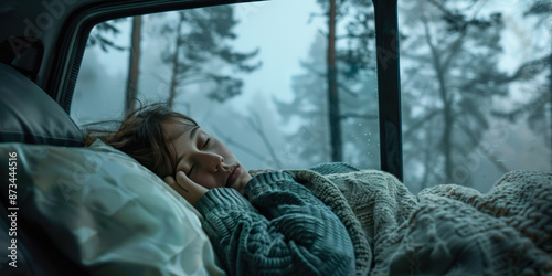 Beautiful woman sleeping in a bed inside a camper