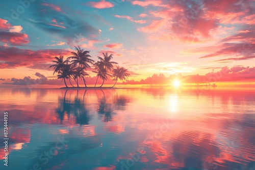 A beautiful sunset over the ocean with palm trees in the foreground. The sky is a mix of pink and orange hues, creating a serene and calming atmosphere. The water is calm and still
