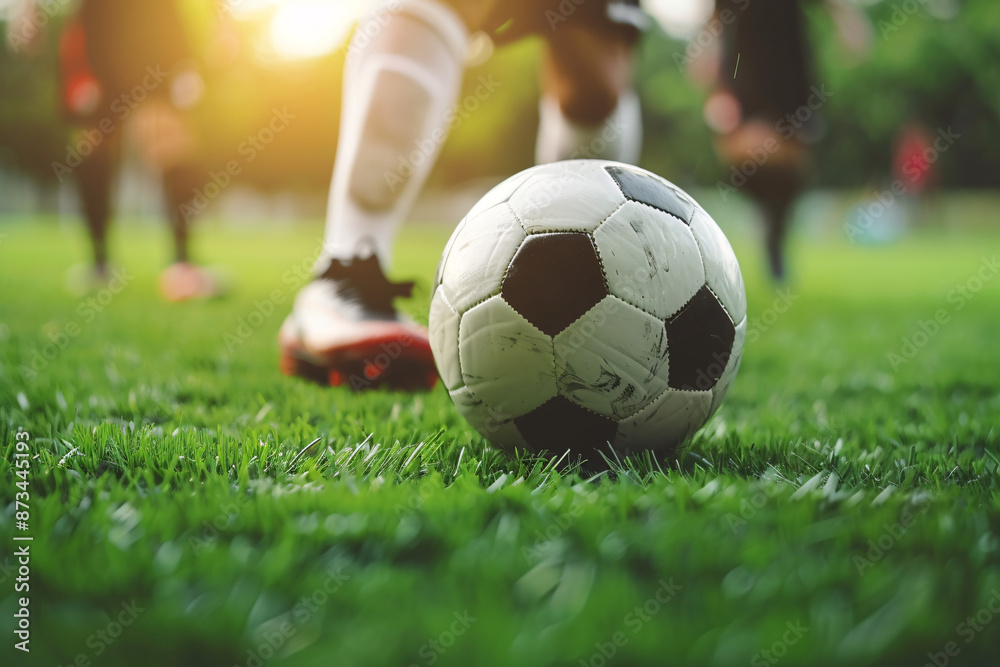 Obraz premium Footballer Kicking Ball On Grass Field. Classic Soccer