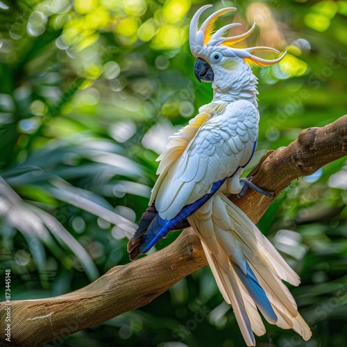 A gorgeous White Cockatoo perches on a tree branch surrounded by vibrant greenery in the wild