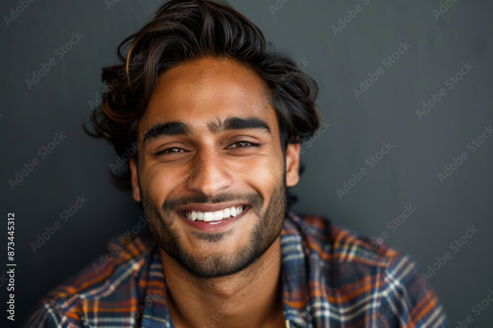 Indian handsome man smiling, actor isolated on a gray background Indian handsome man smiling, actor isolated on a gray background