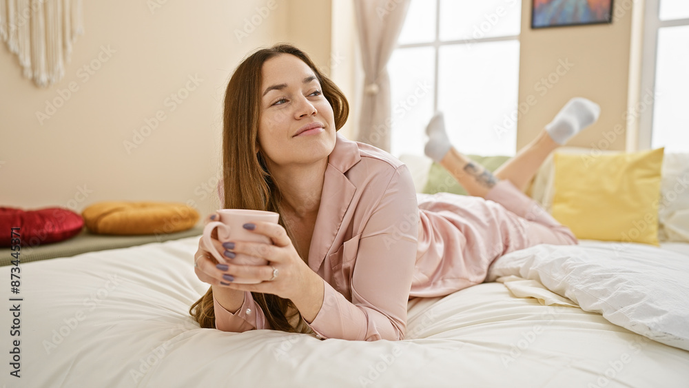 A relaxed young woman with long hair enjoys a morning coffee in her sunlit bedroom, lounging in pink pajamas. A relaxed young woman with long hair enjoys a morning coffee in her sunlit bedroom, lounging in pink pajamas.