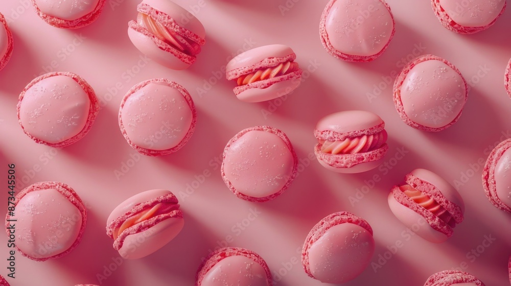 Obraz premium A row of pink macarons with a pink background. The macarons are arranged in a way that they look like they are sitting on a pink surface