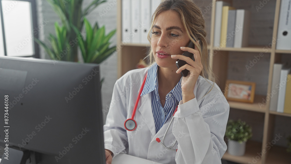 Attractive young blonde female doctor in a lab coat talking on a phone in a clinic office.