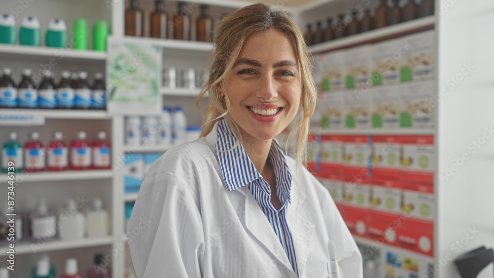 Portrait of a smiling young woman in a lab coat standing in a pharmacy with shelves of products in the background. Portrait of a smiling young woman in a lab coat standing in a pharmacy with shelves of products in the background.