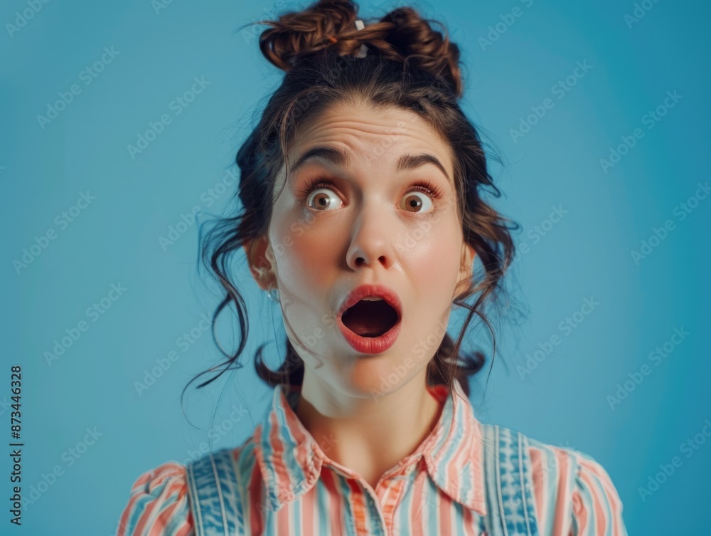 A woman with a surprised expression on her face. She is wearing a striped shirt and blue overalls A woman with a surprised expression on her face. She is wearing a striped shirt and blue overalls