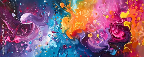 A captivating abstract painting with dynamic, swirling colors and playful splashes of liquid joy, creating a vibrant and textured visual symphony on canvas.