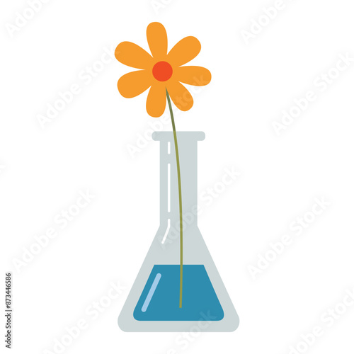 Laboratory test tube, flask with a flower. Transparent glassware with chemical reagents. Experiment equipment for chemistry lessons. Vector illustration isolated on white, flat design