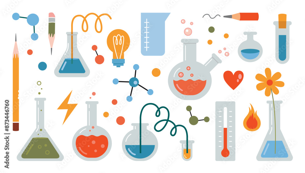 Laboratory equipment set for chemistry lessons. Test tube, flask, beaker and other chemical and medicine lab stuff. Vector illustration isolated on white, flat design Laboratory equipment set for chemistry lessons. Test tube, flask, beaker and other chemical and medicine lab stuff. Vector illustration isolated on white, flat design