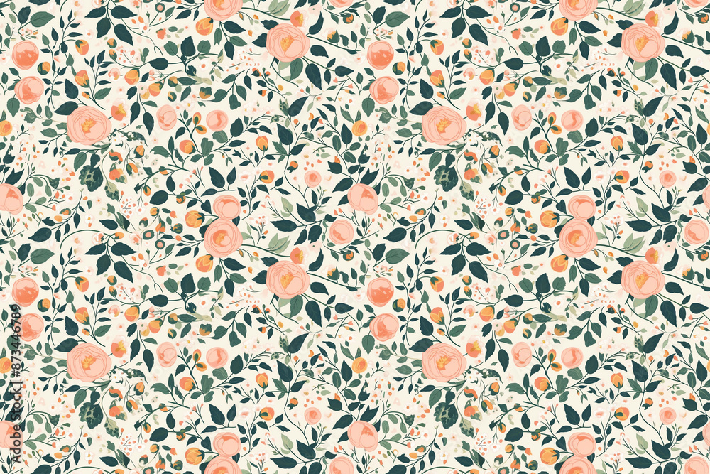 Obraz premium Seamless pattern of vintage roses and green leaves on a cream background. The floral design is elegant and classic, evoking a timeless feel.