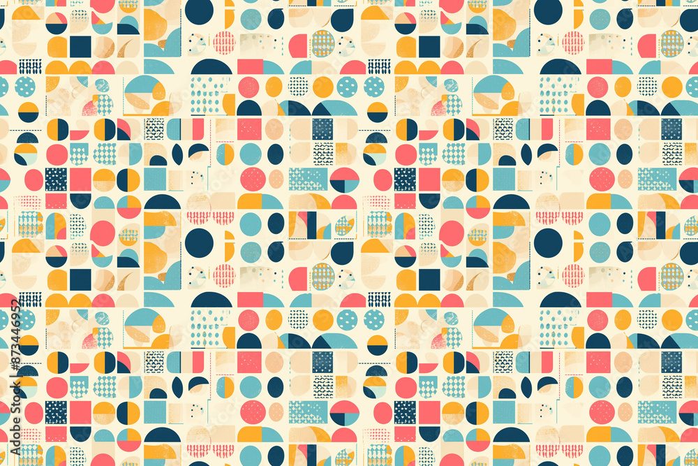 Seamless pattern with diverse geometric shapes including circles, squares, and triangles in a variety of colors like pink, blue, yellow, and black. The playful design is vibrant and lively. Seamless pattern with diverse geometric shapes including circles, squares, and triangles in a variety of colors like pink, blue, yellow, and black. The playful design is vibrant and lively.